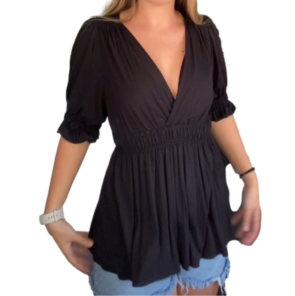 Studio M cinched waist black blouse
